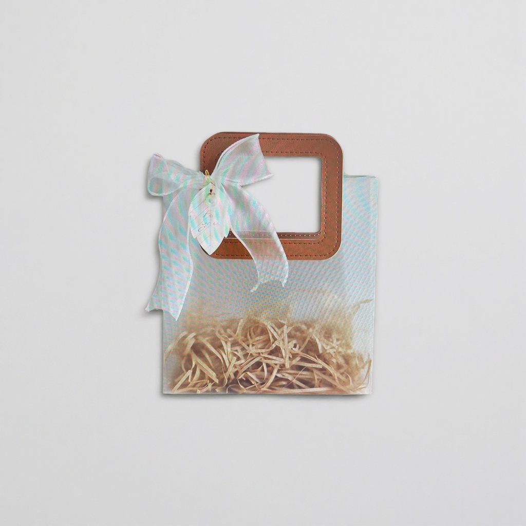 The transparent plastic gift bag is decorated with a brown handle bow details Picture