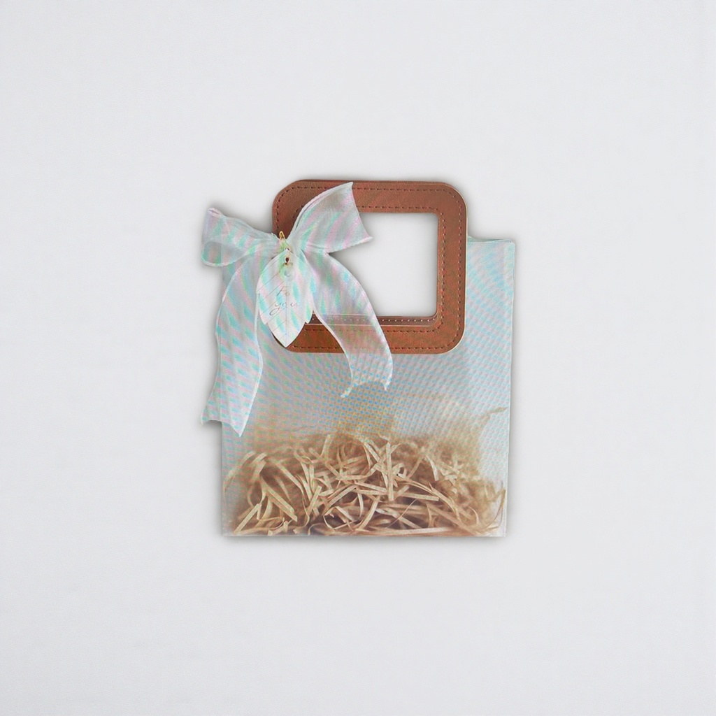 The transparent plastic gift bag is decorated with a brown handle bow Specification image