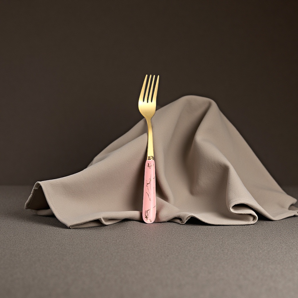 粉色大理石纹手柄金色叉子餐具套装家用西餐叉