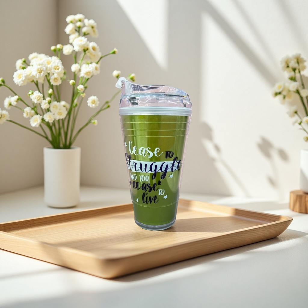 Green beverage special transparent covered cup, leak-proof, portable and simple style home and office water cup details Picture