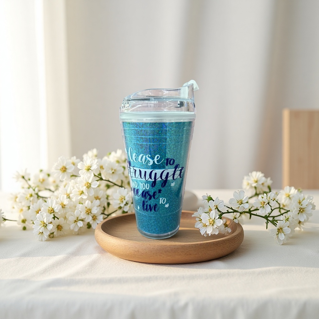 Blue glitter creative glass cup for home and office use, 350ml, high borosilicate heat-resistant Specification image