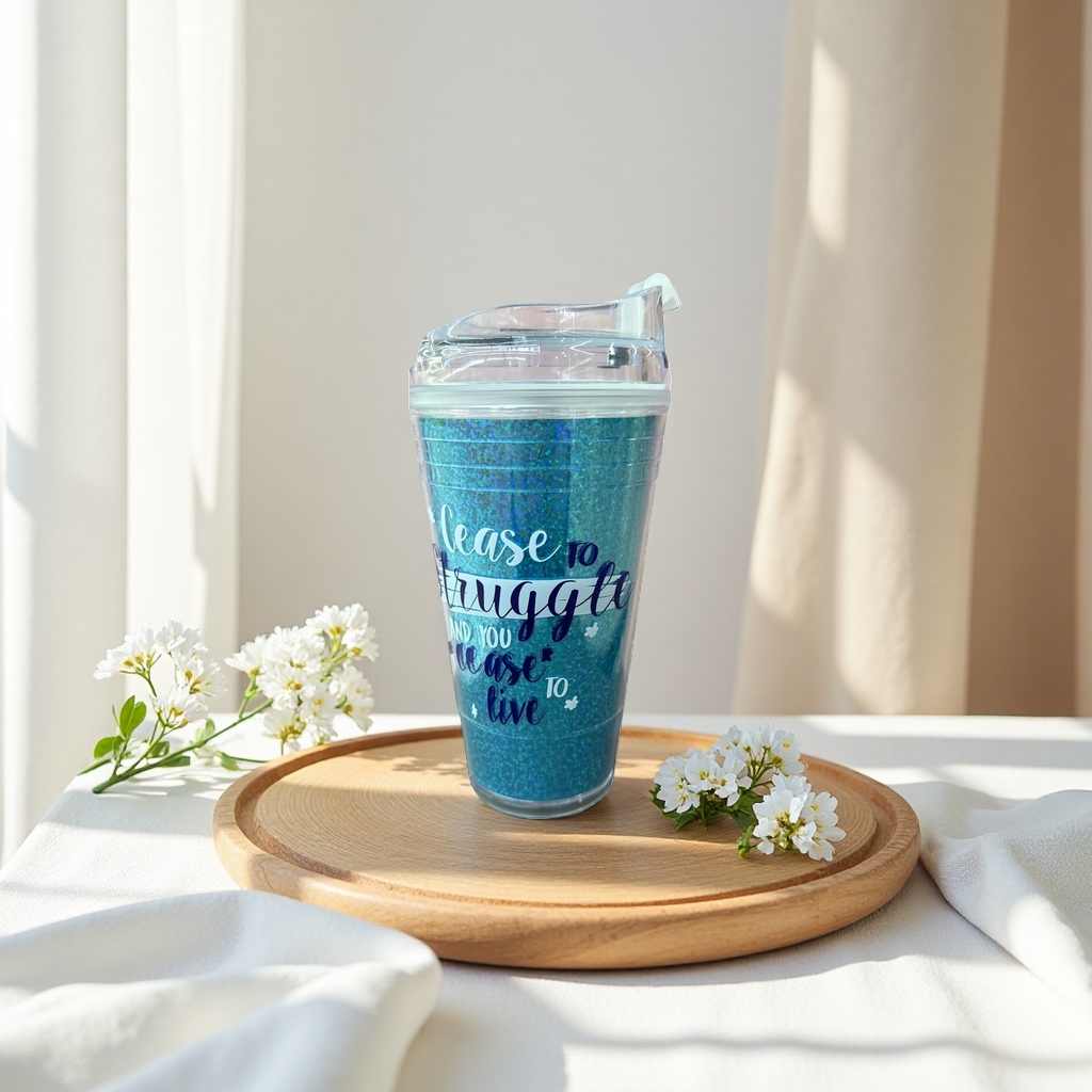 Blue glitter creative glass cup for home and office use, 350ml, high borosilicate heat-resistant