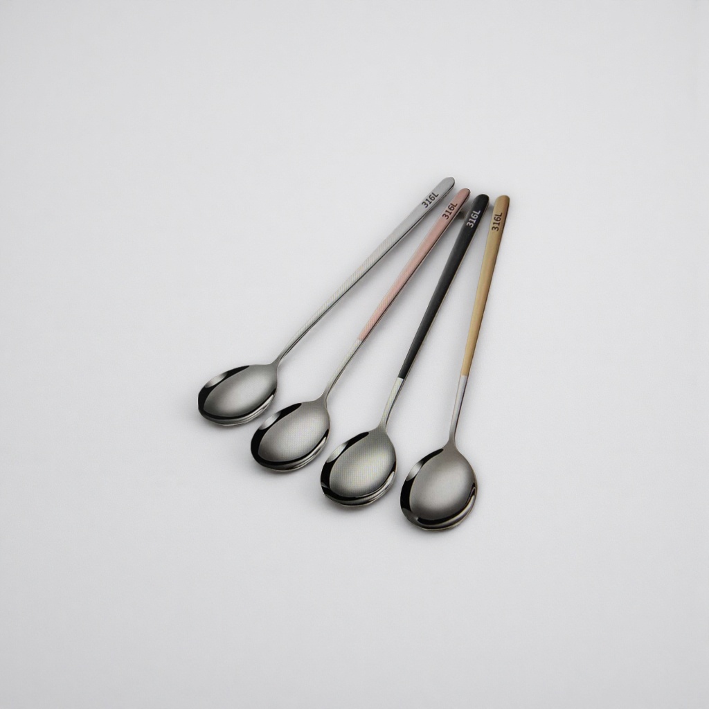 316L stainless steel four-color handle spoon set, silver powder, black gold, 4 pieces, round spoon head Specification image