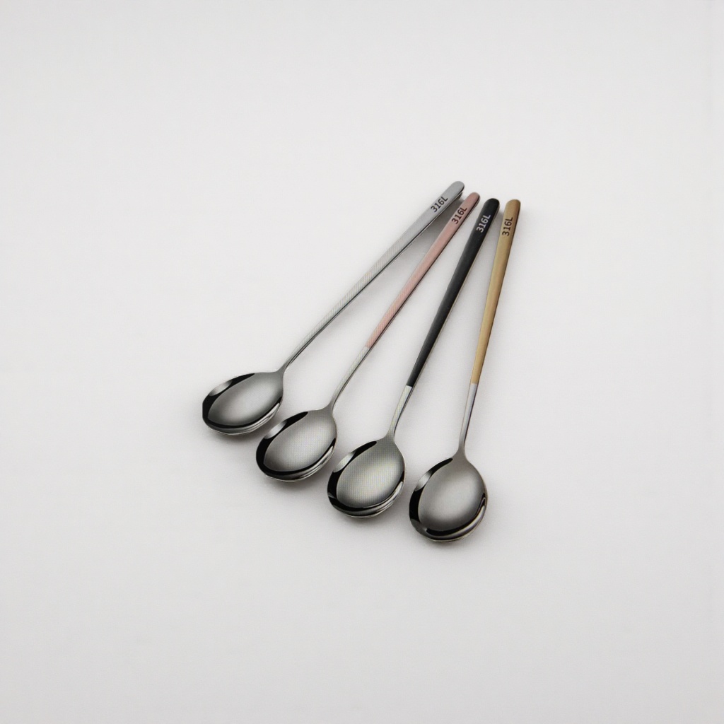 316L stainless steel four-color handle spoon set, silver powder, black gold, 4 pieces, round spoon head details Picture