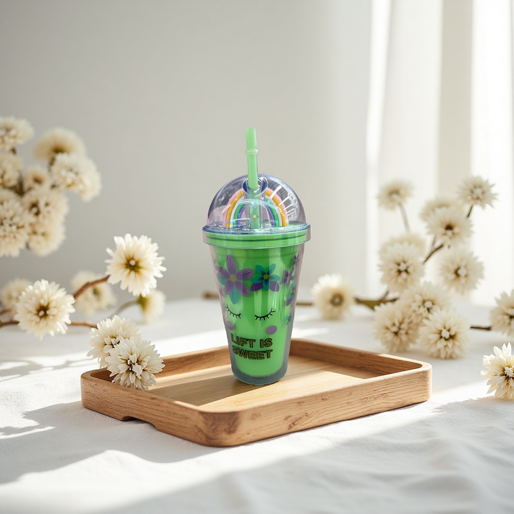 Green flower-patterned LIFT IS SWEET straw cup details Picture