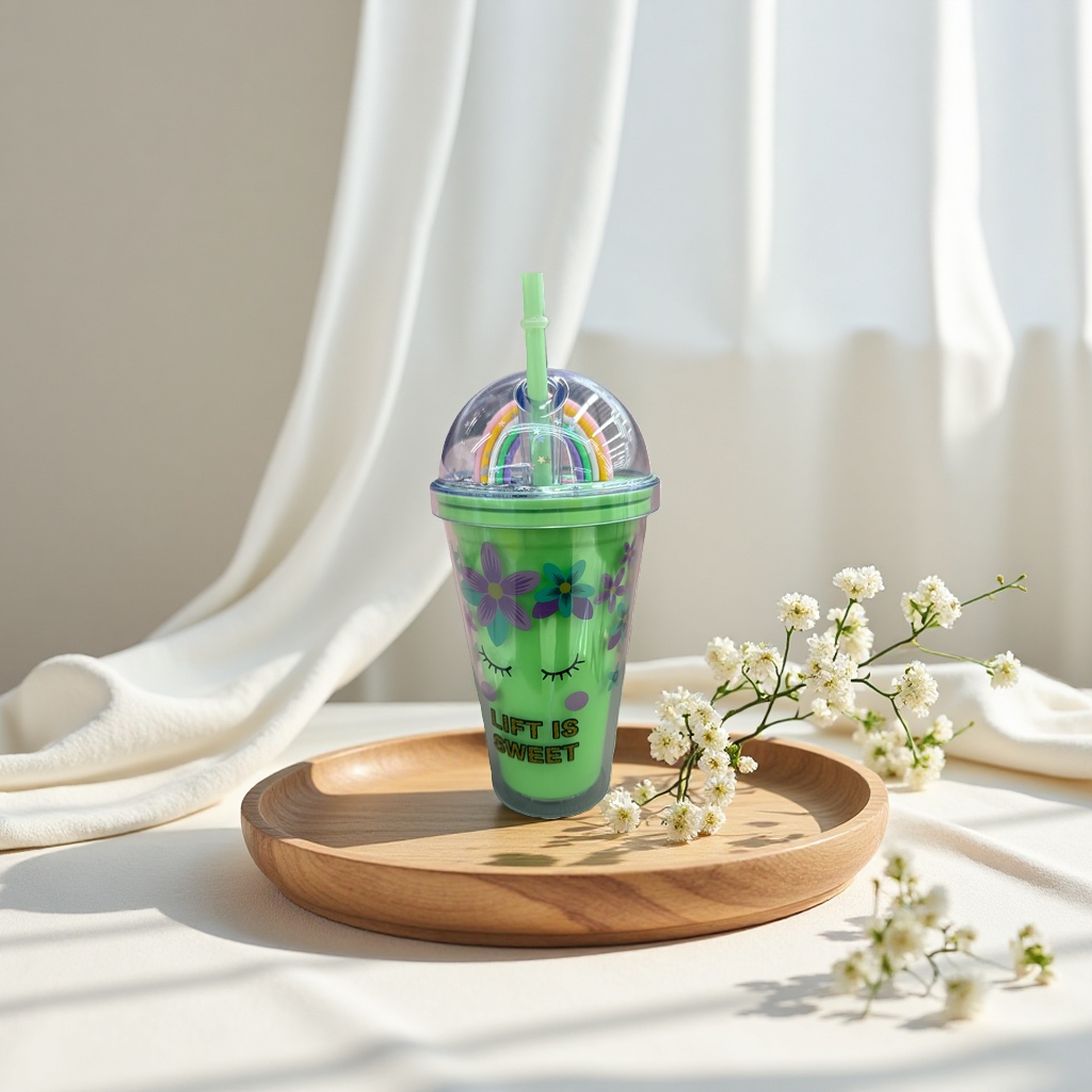 Green flower-patterned LIFT IS SWEET straw cup Application Scenario