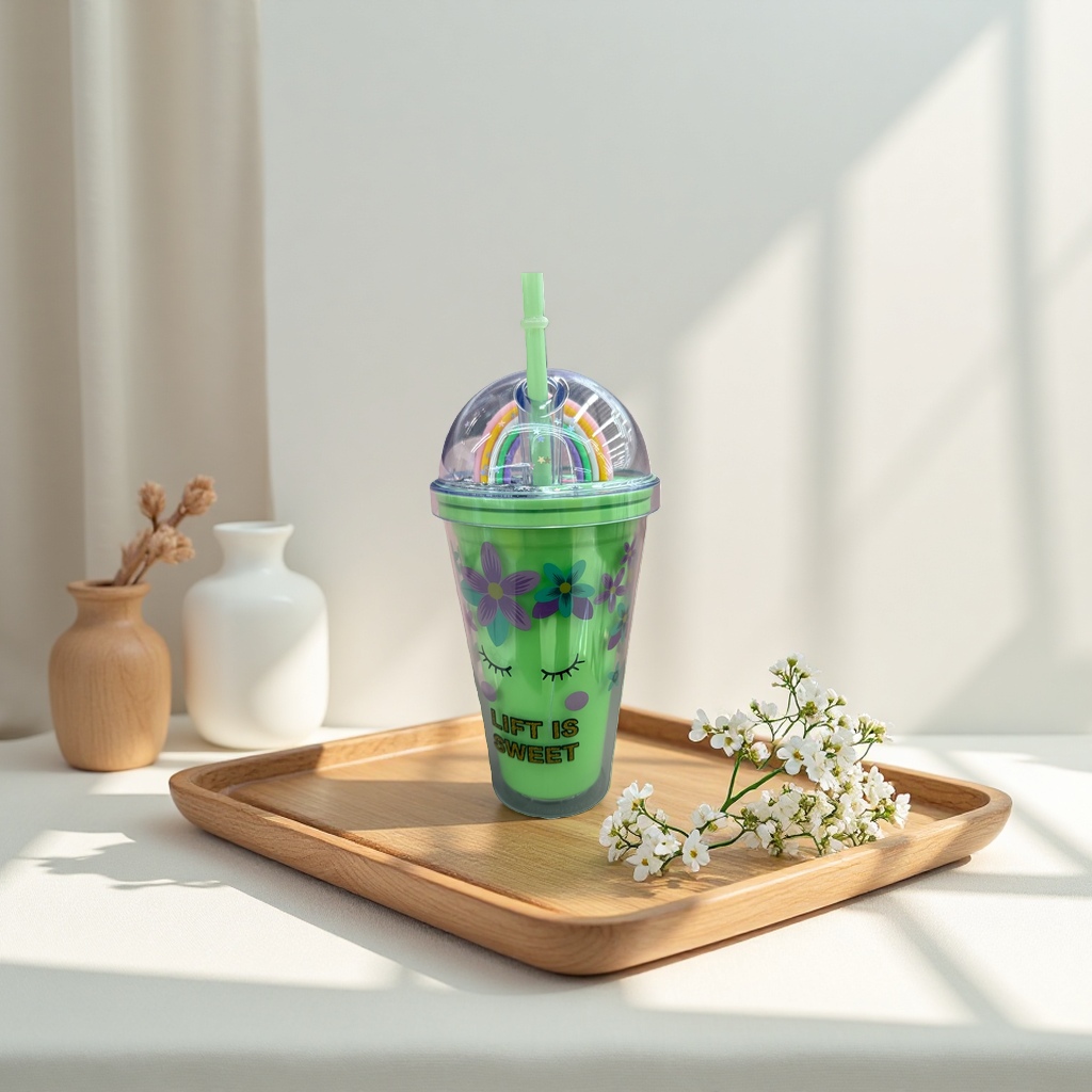 Green flower-patterned LIFT IS SWEET straw cup Specification image