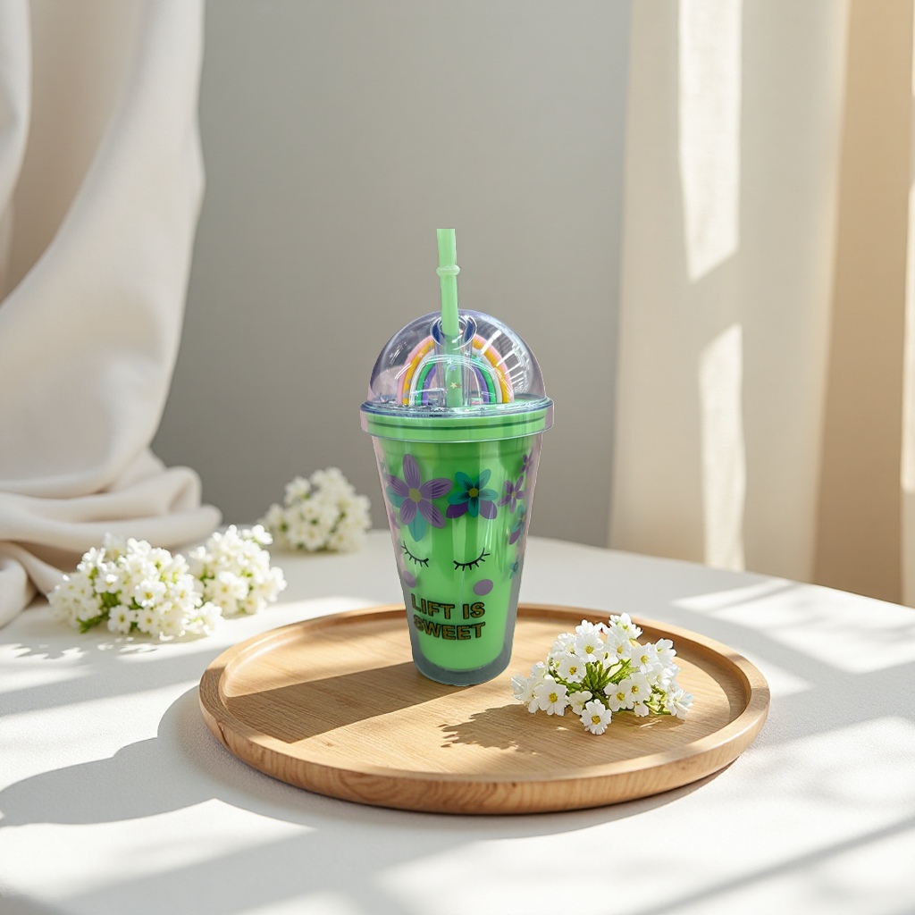 Green flower-patterned LIFT IS SWEET straw cup
