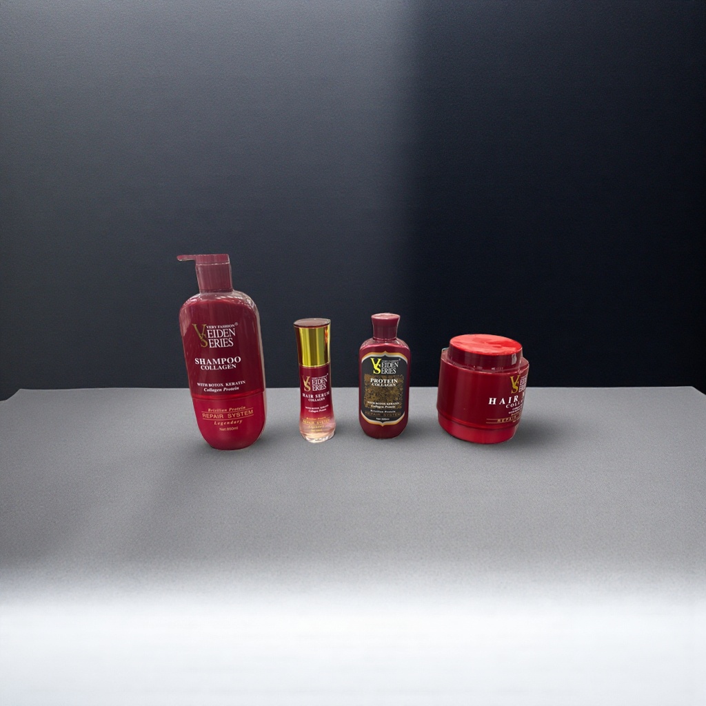 Veiden Series red bottle shampoo, conditioner, hair mask and essence set is displayed on a wooden desktop shelf