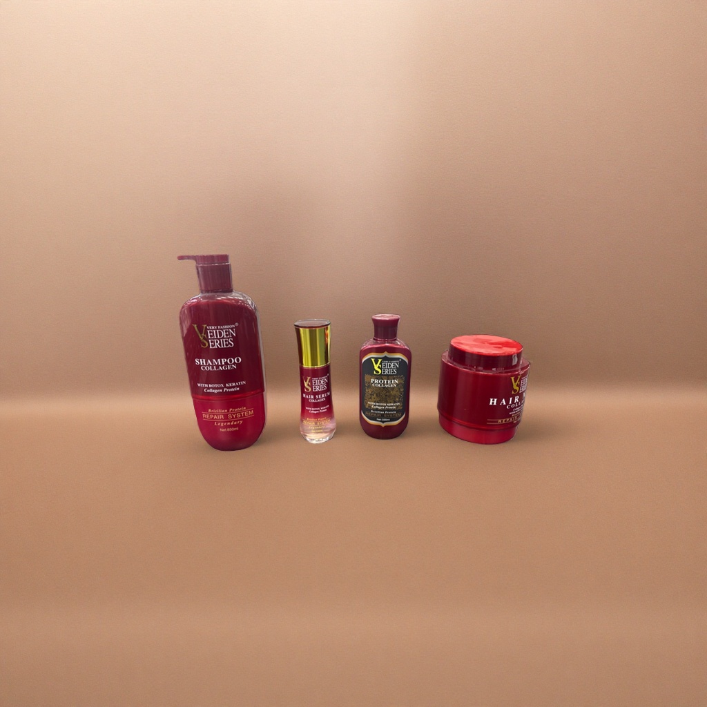 Veiden Series red bottle shampoo, conditioner, hair mask and essence set is displayed on a wooden desktop shelf Application Scenario