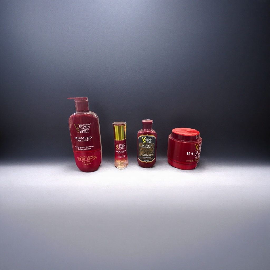 Veiden Series red bottle shampoo, conditioner, hair mask and essence set is displayed on a wooden desktop shelf details Picture