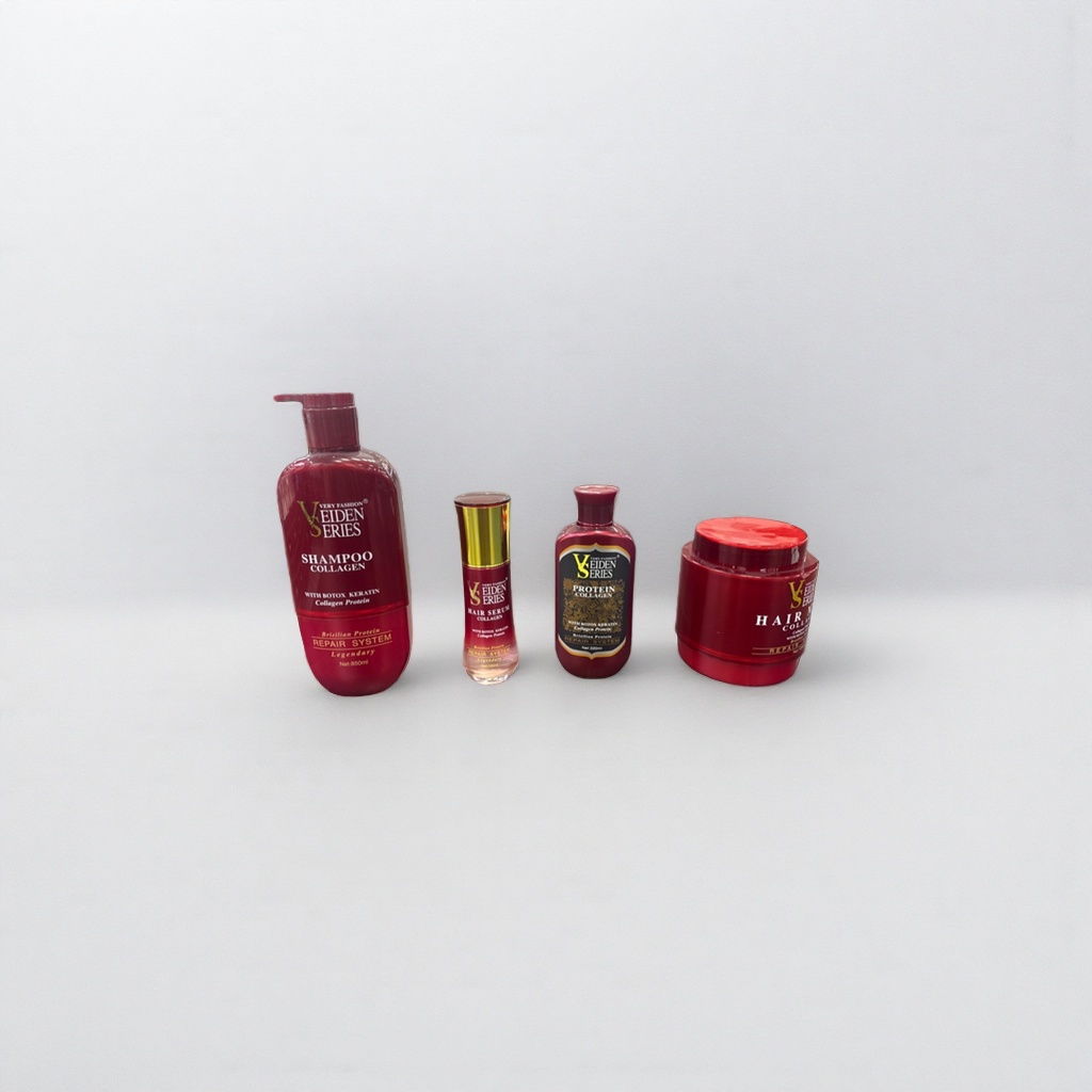 Veiden Series red bottle shampoo, conditioner, hair mask and essence set is displayed on a wooden desktop shelf Specification image
