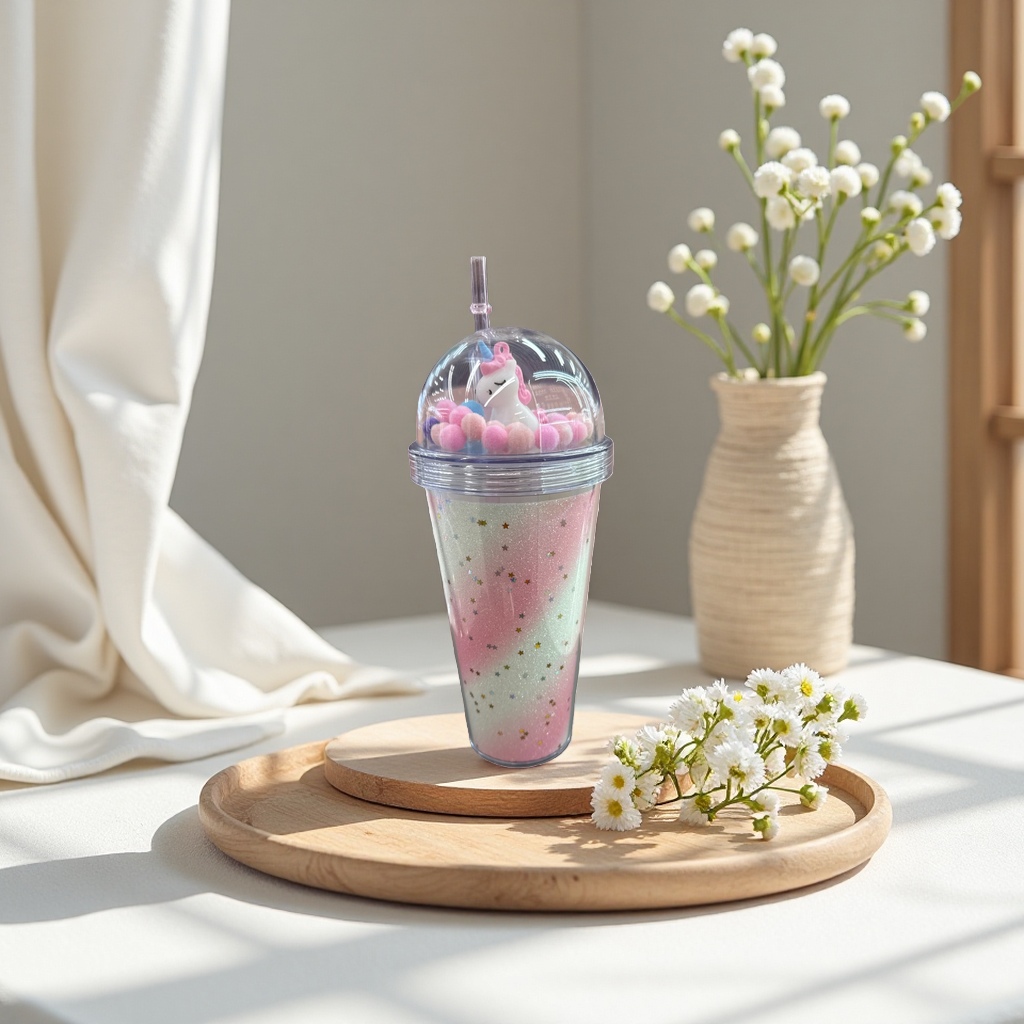 Cute unicorn-decorated transparent ribbon glitter straw cup