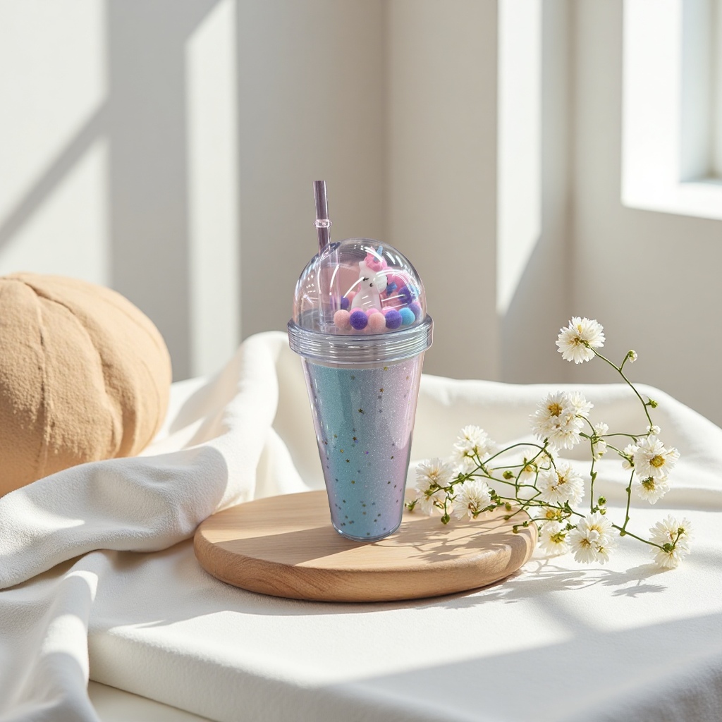 Cute unicorn-decorated transparent straw gradient color star cup details Picture