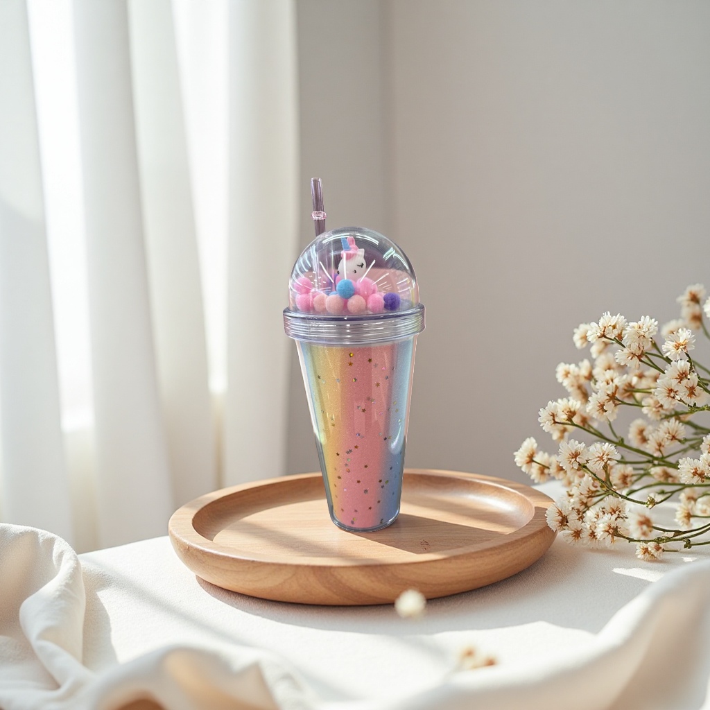Rainbow gradient star pattern transparent straw cup, high borosilicate glass water cup, girls' ins style Specification image