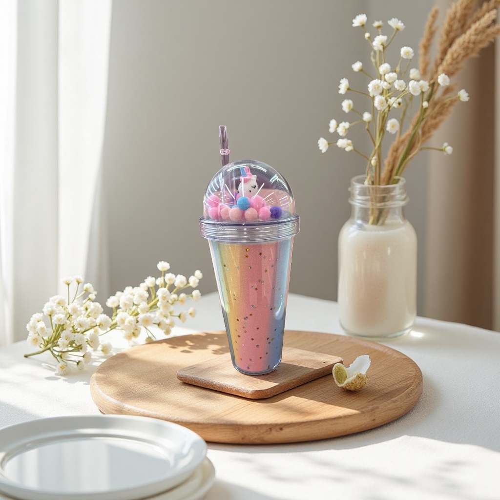 Rainbow gradient star pattern transparent straw cup, high borosilicate glass water cup, girls' ins style
