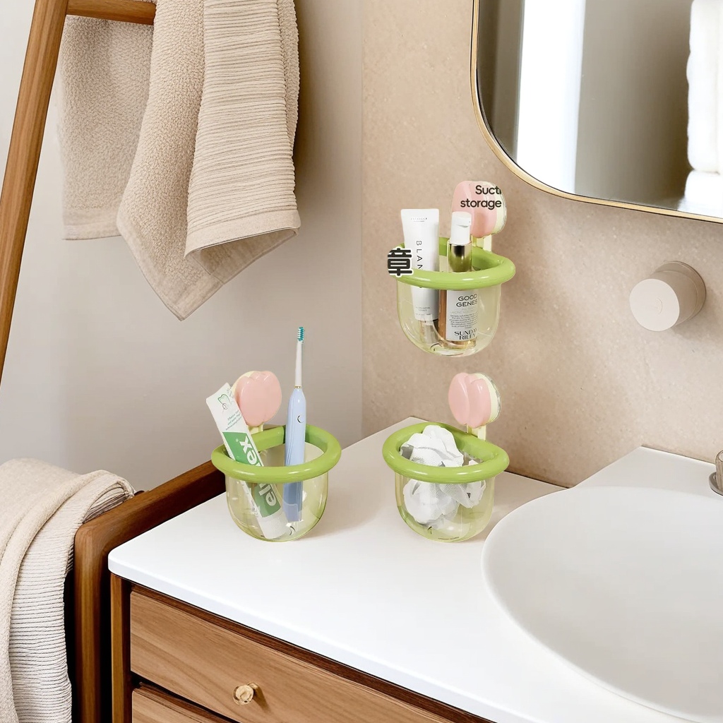 Bathroom suction cup type storage rack with basket, multi-functional, non-drilling, anti-slip and load-bearing Specification image