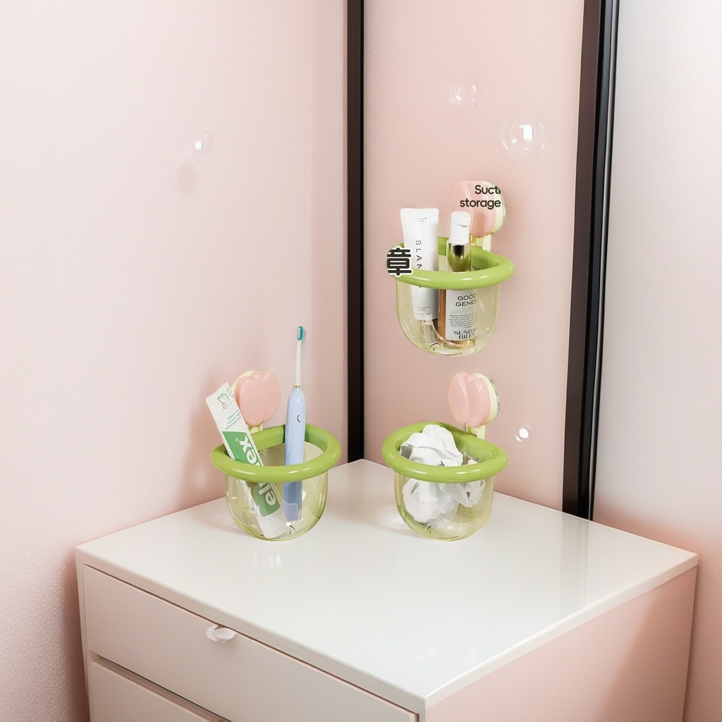 Bathroom suction cup type storage rack with basket, multi-functional, non-drilling, anti-slip and load-bearing