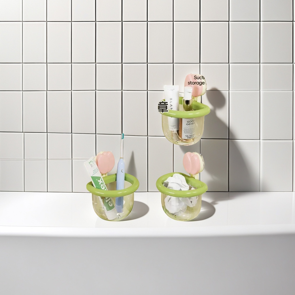 Bathroom suction cup type storage rack with basket, multi-functional, non-drilling, anti-slip and load-bearing Application Scenario
