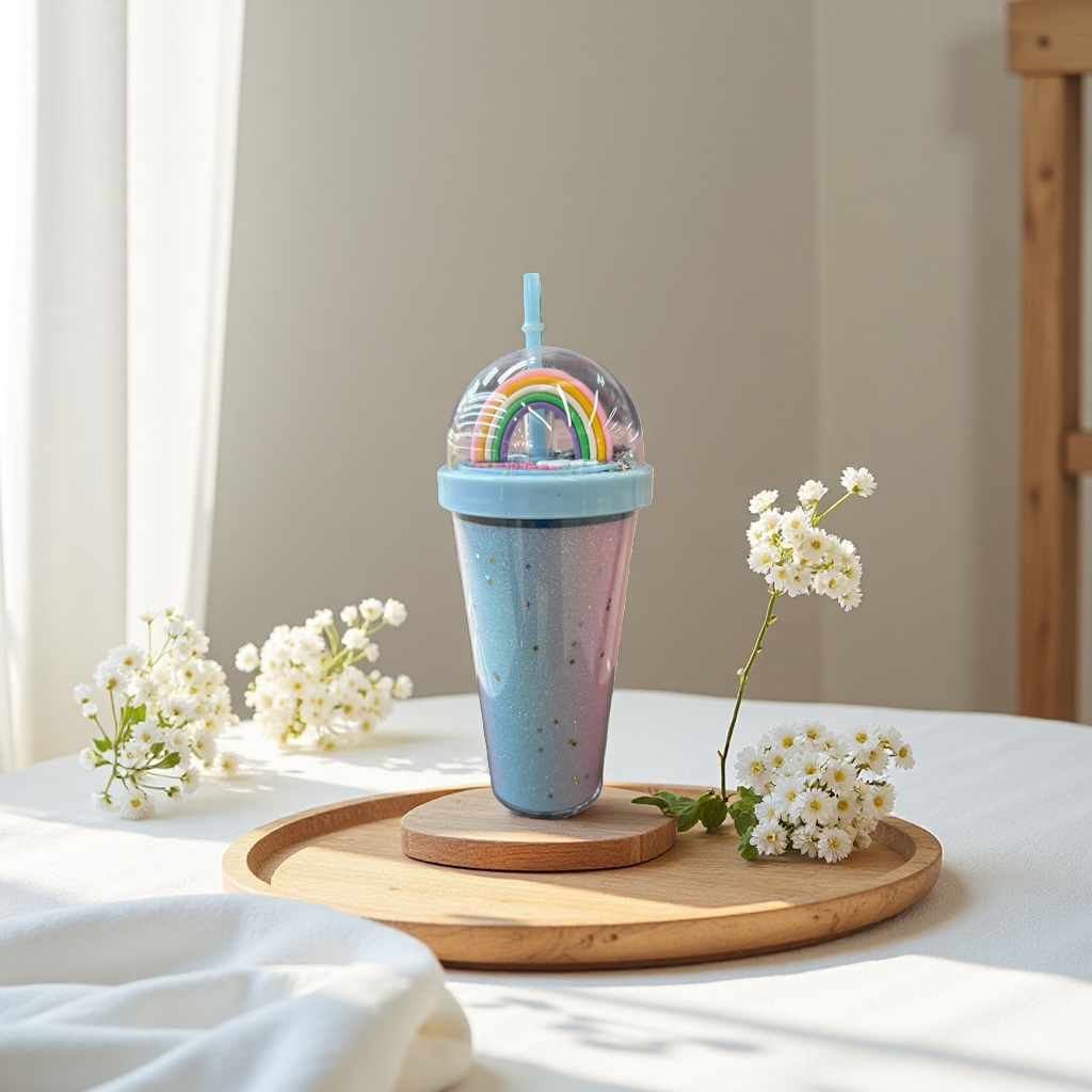 Rainbow decorative straw cup, children's portable waterproof cup, cute cartoon pattern portable water cup
