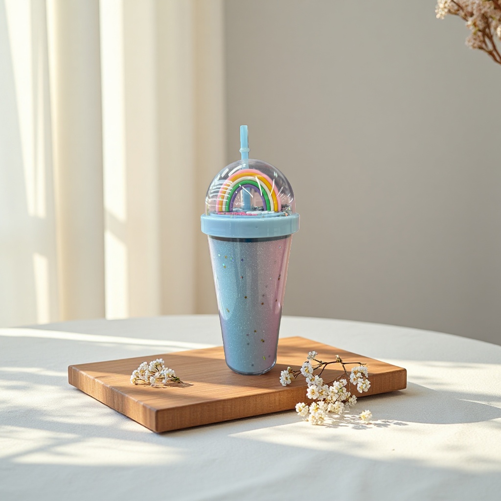 Rainbow decorative straw cup, children's portable waterproof cup, cute cartoon pattern portable water cup Specification image