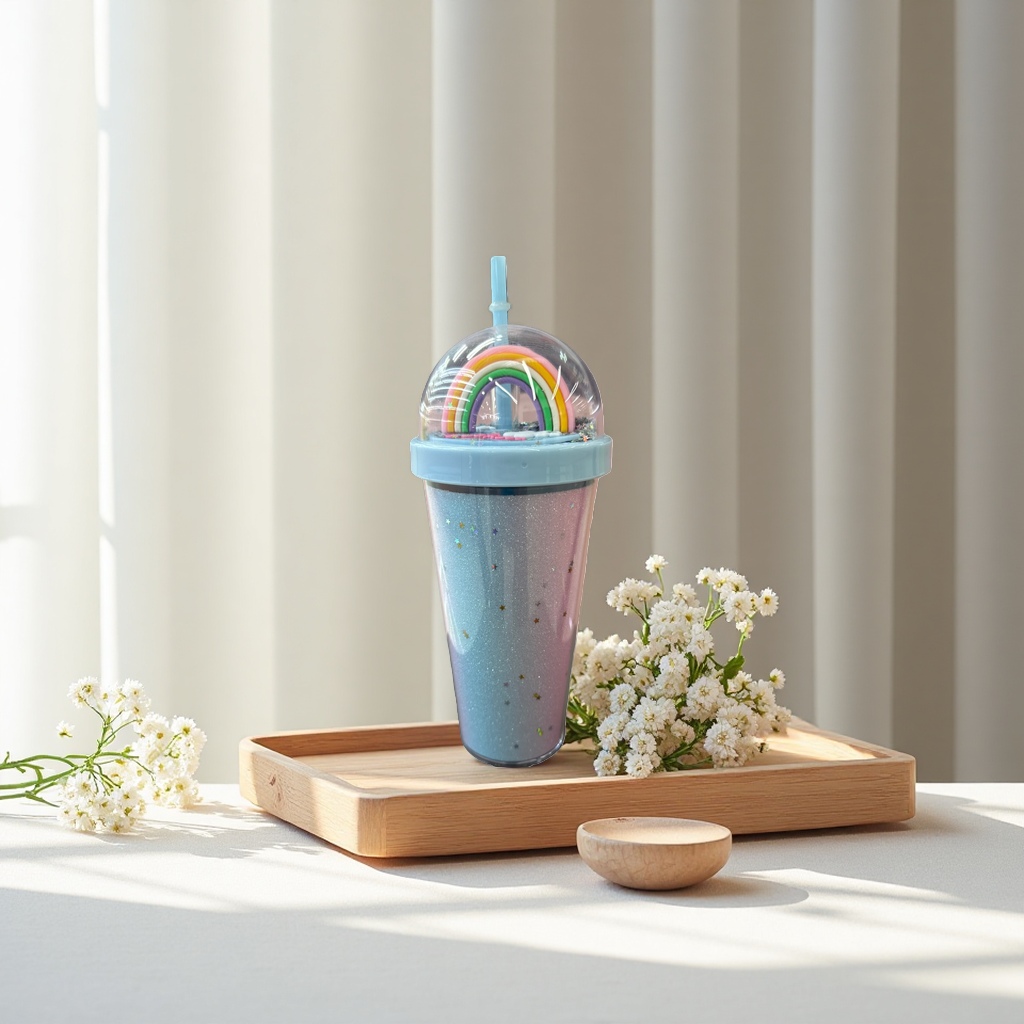 Rainbow decorative straw cup, children's portable waterproof cup, cute cartoon pattern portable water cup Application Scenario