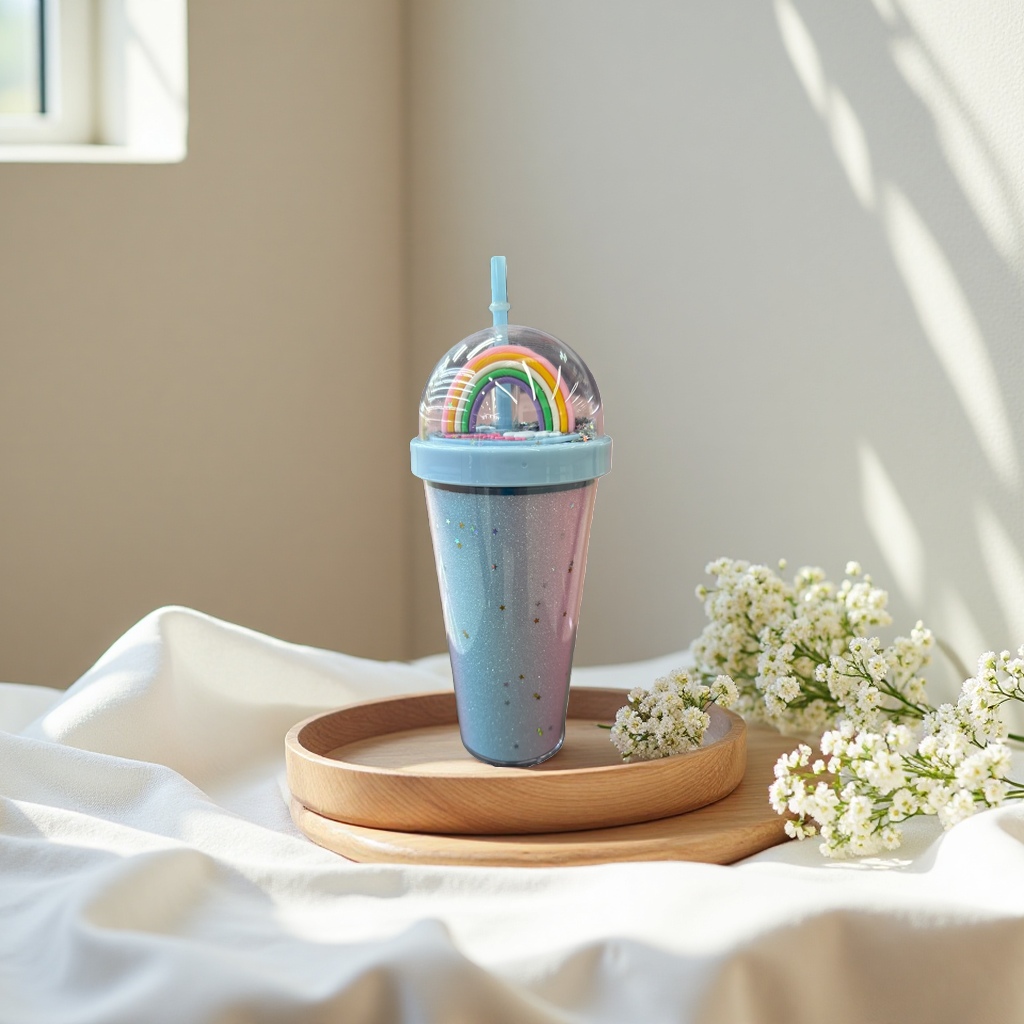 Rainbow decorative straw cup, children's portable waterproof cup, cute cartoon pattern portable water cup details Picture