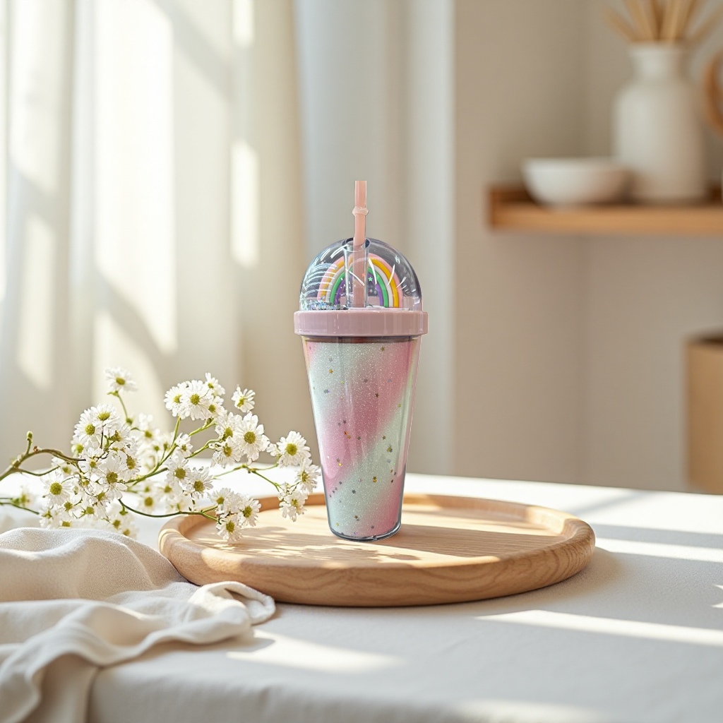 Rainbow star pattern straw cup, children's leak-proof portable water cup, cute cartoon print Application Scenario