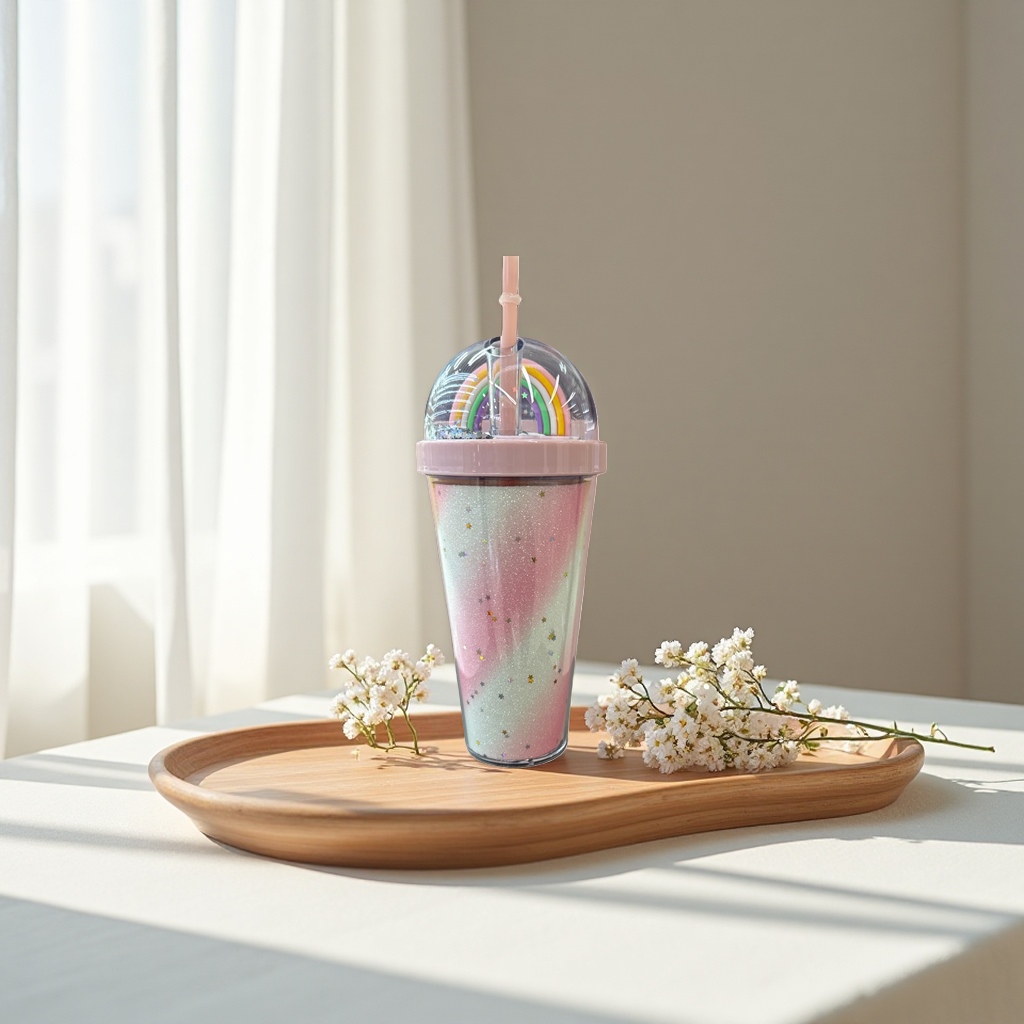 Rainbow star pattern straw cup, children's leak-proof portable water cup, cute cartoon print details Picture