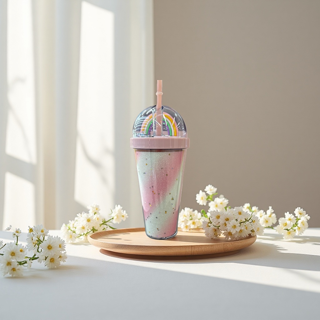 Rainbow star pattern straw cup, children's leak-proof portable water cup, cute cartoon print Specification image