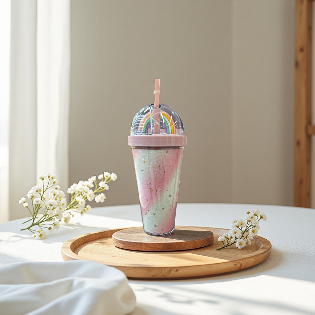 Rainbow star pattern straw cup, children's leak-proof portable water cup, cute cartoon print