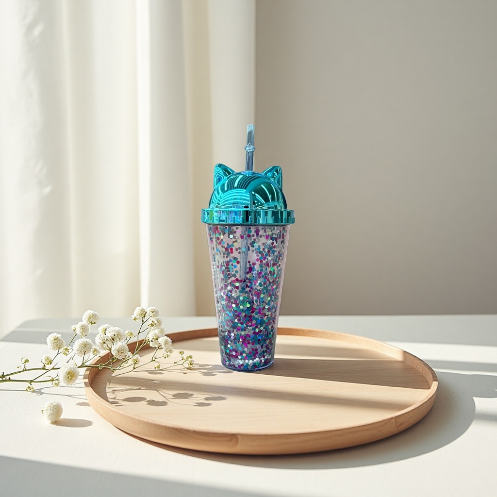 Shiny dot straw cup, children's leak-proof portable water cup, cute cartoon pattern details Picture