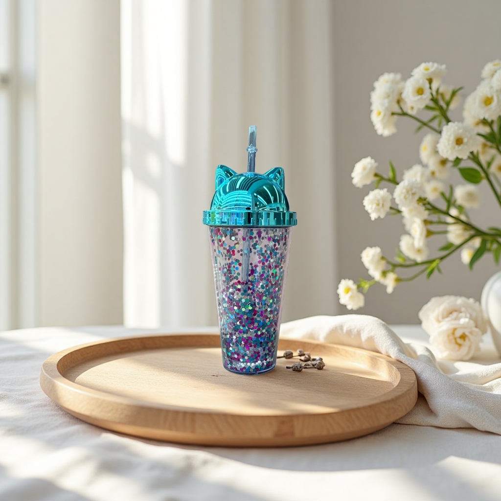 Shiny dot straw cup, children's leak-proof portable water cup, cute cartoon pattern Specification image