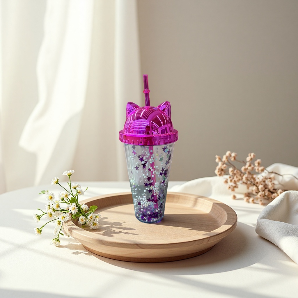 Pink cat-ear straw cup, cute water cup for girls, portable leak-proof travel cup details Picture