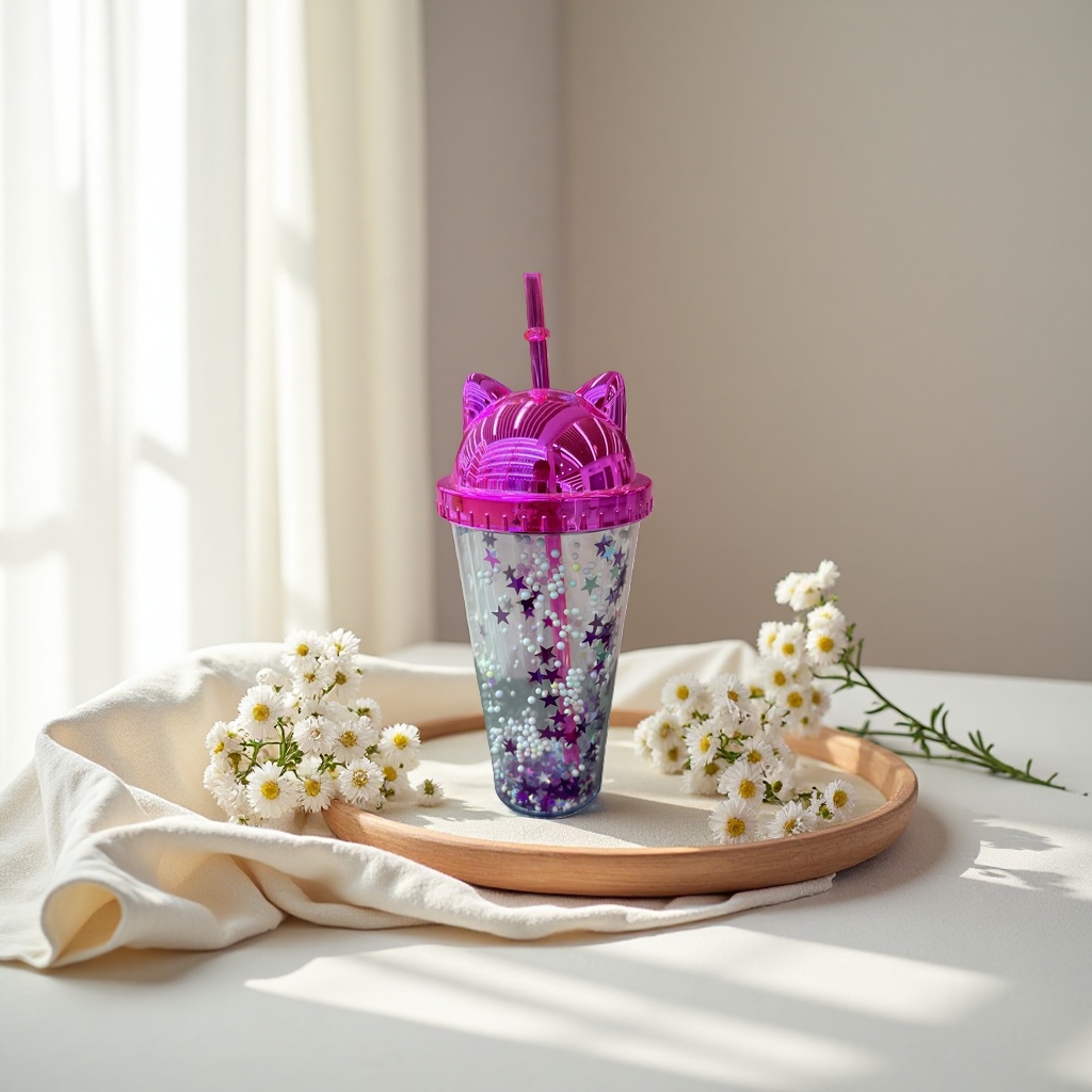 Pink cat-ear straw cup, cute water cup for girls, portable leak-proof travel cup Specification image