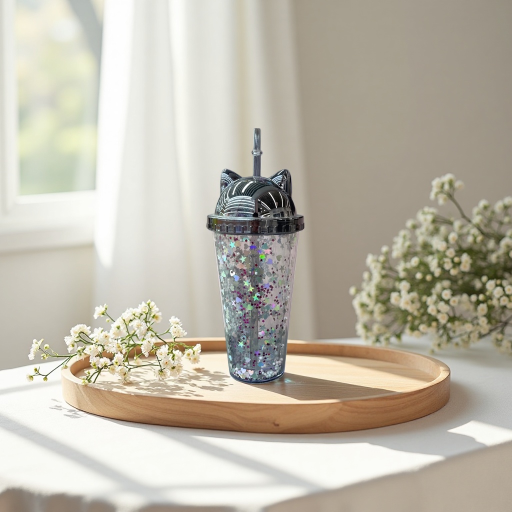 Shining star pattern children's straw cup, baby learning cup, leak-proof silicone straw details Picture