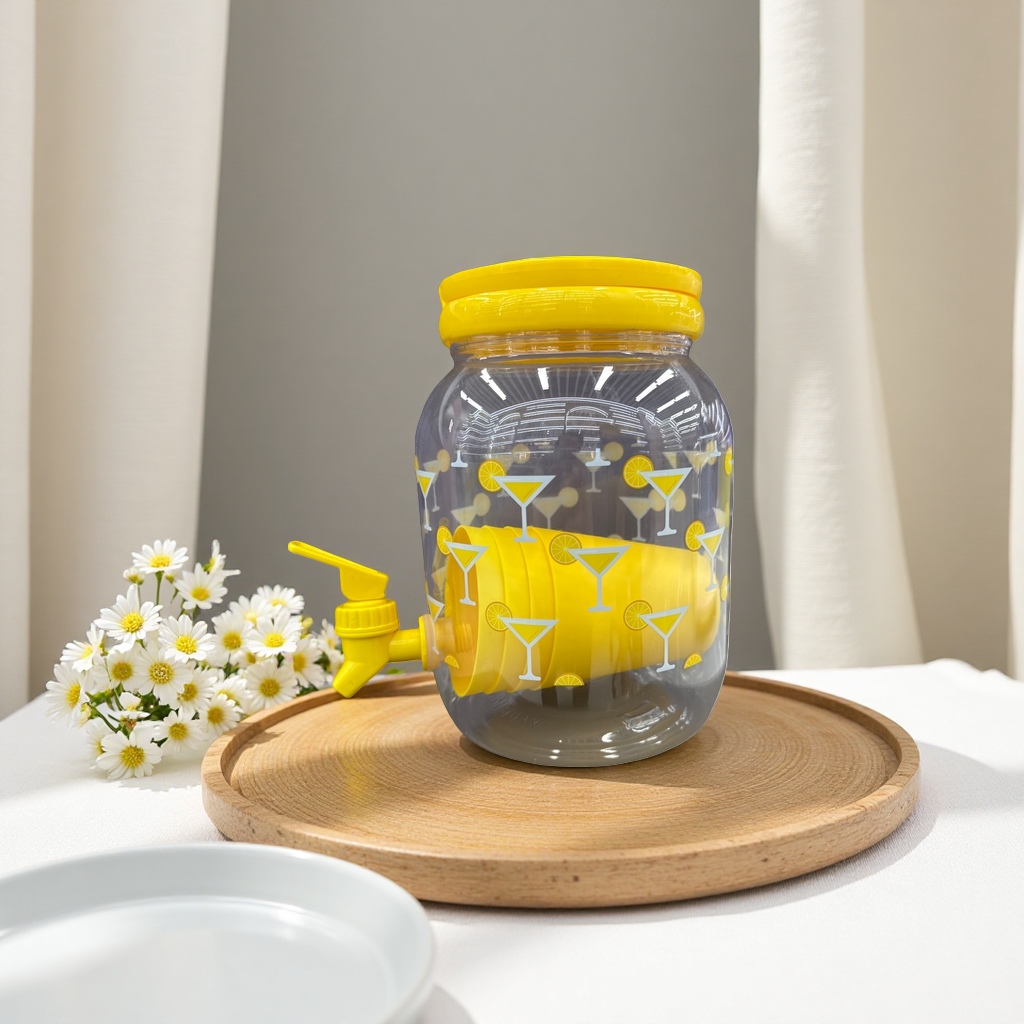 Transparent beverage can with a yellow lid and faucet design, a household water storage tank