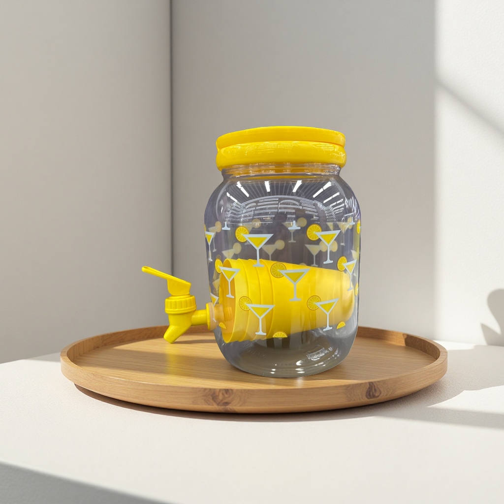 Transparent beverage can with a yellow lid and faucet design, a household water storage tank Specification image