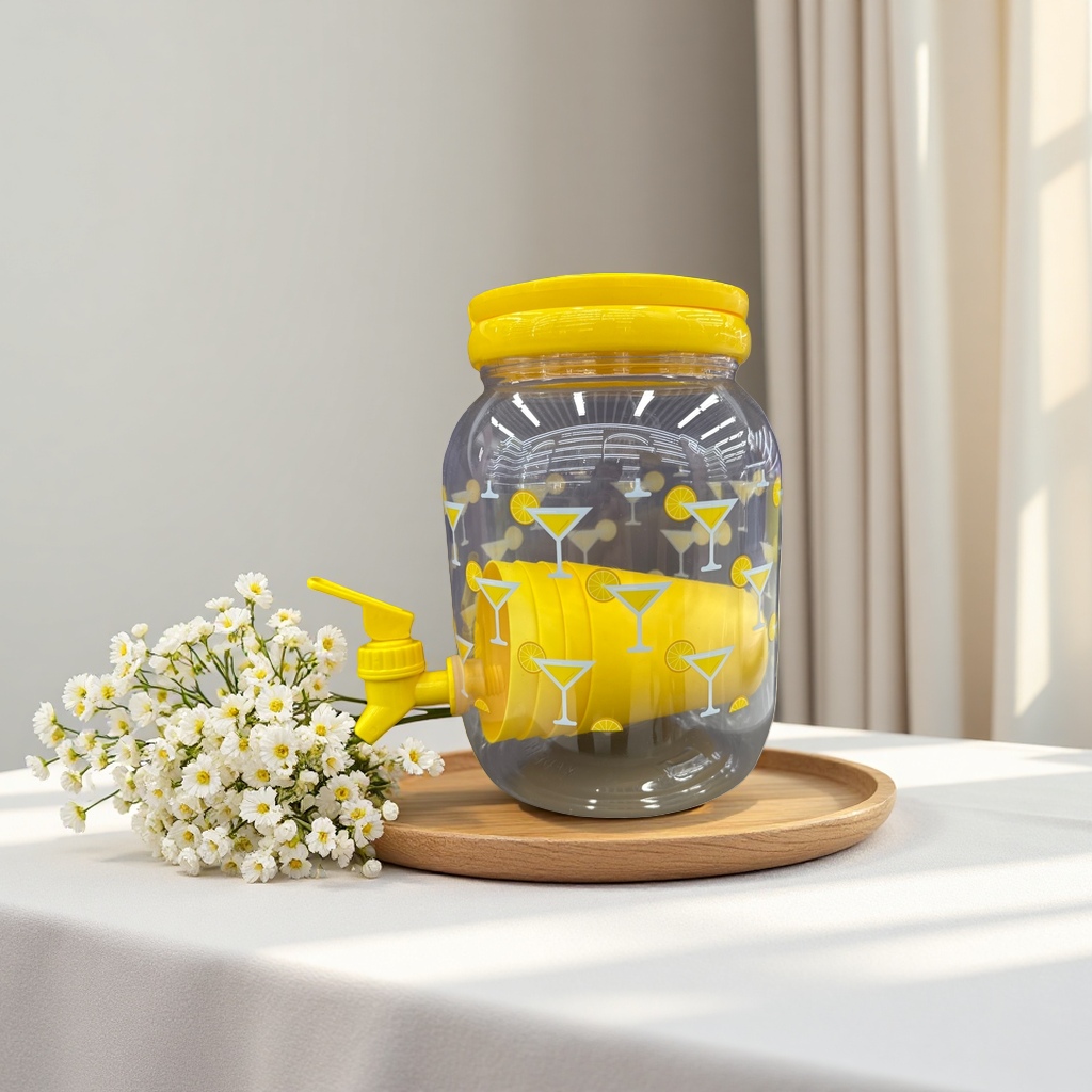 Transparent beverage can with a yellow lid and faucet design, a household water storage tank Application Scenario