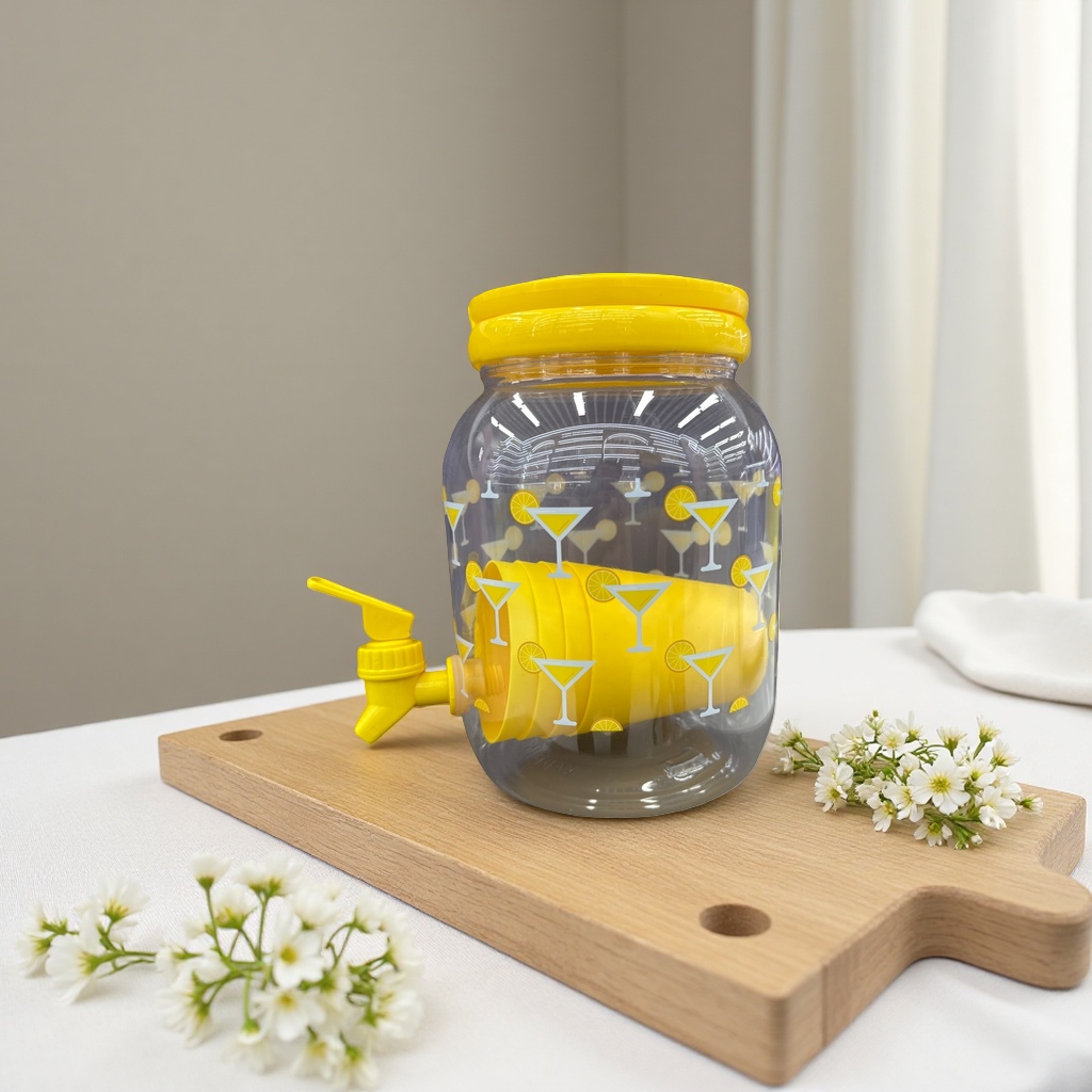 Transparent beverage can with a yellow lid and faucet design, a household water storage tank details Picture