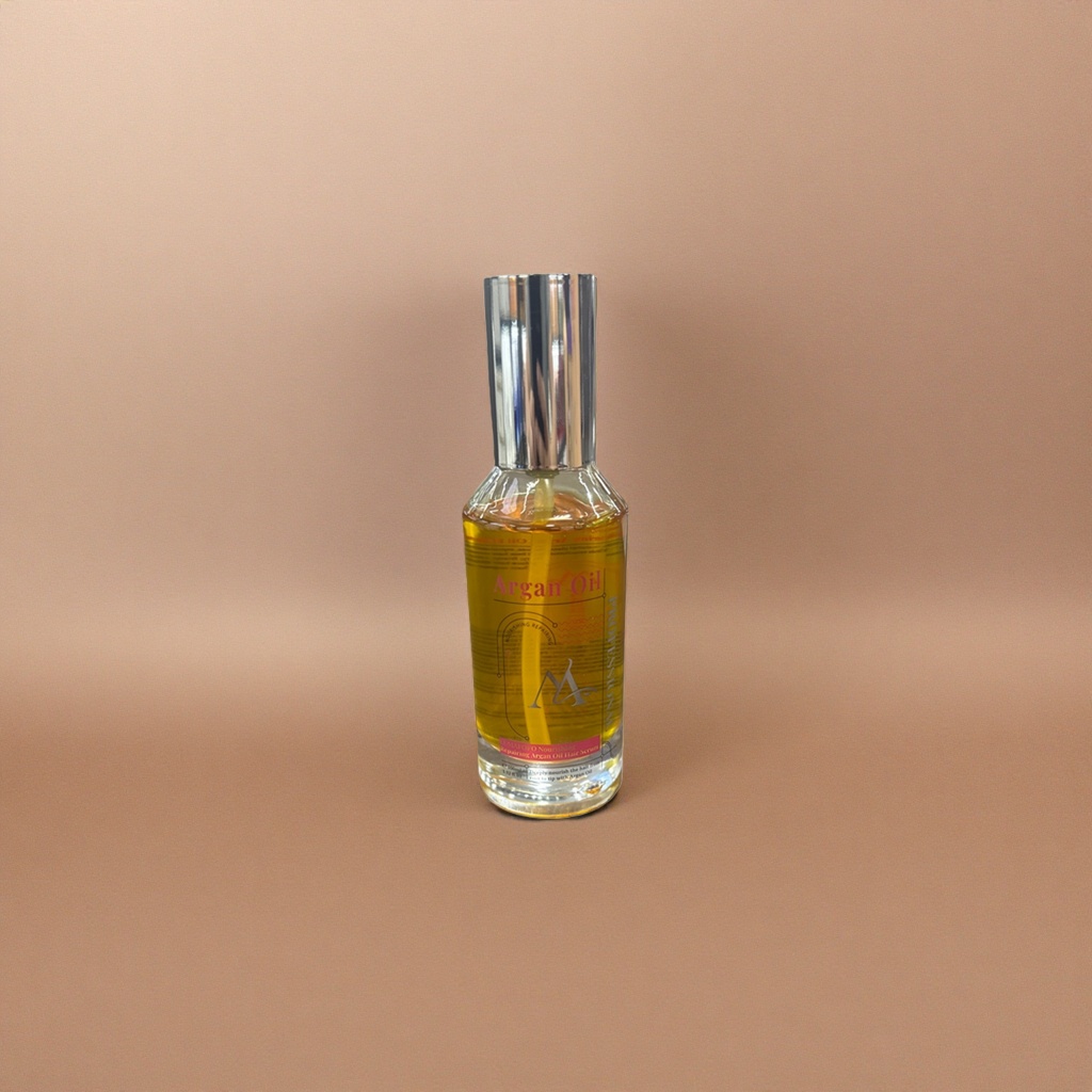Argan Oil Hair care essential oil in transparent glass bottle nourishes, repairs, brightens and softens Application Scenario