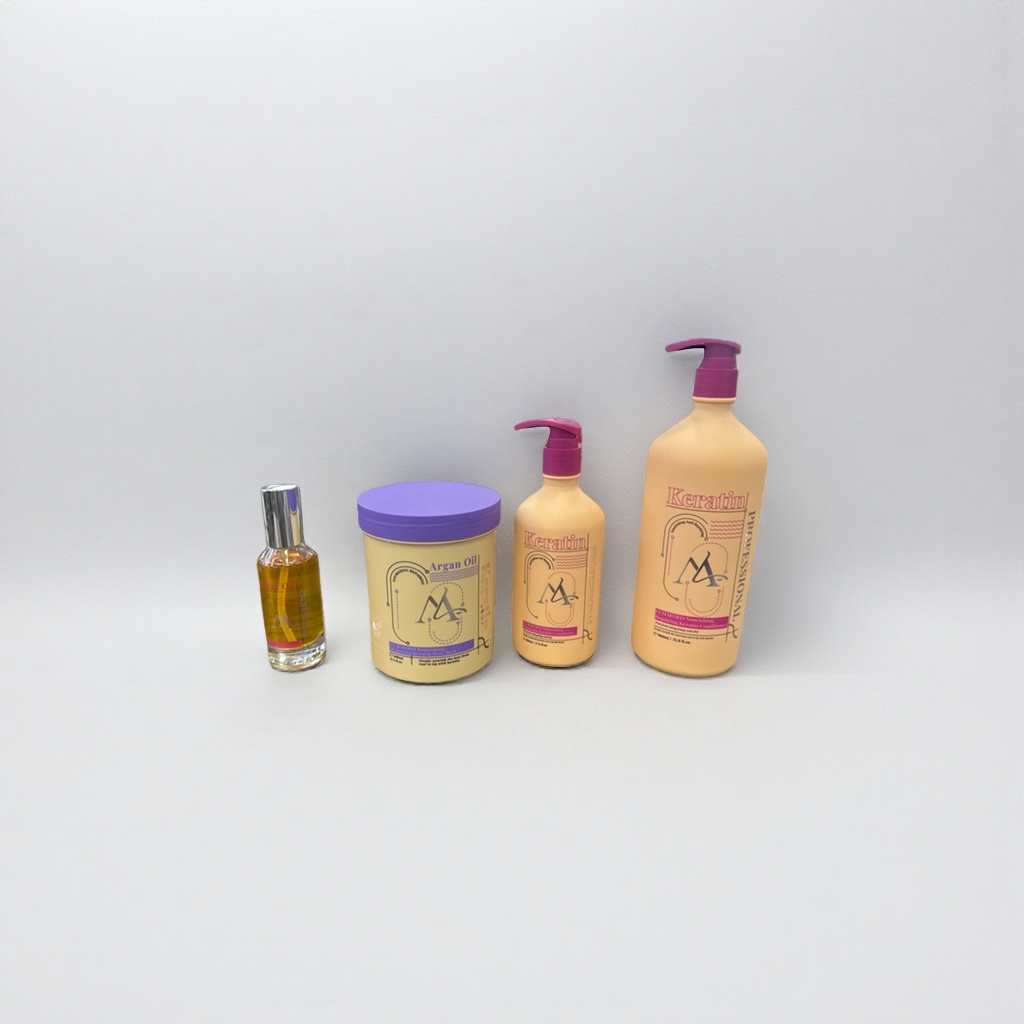 Four-piece hair care set: Moroccan argan oil keratin care liquid and conditioner, displayed on a wooden table Specification image