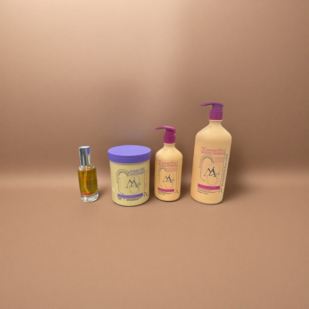 Four-piece hair care set: Moroccan argan oil keratin care liquid and conditioner, displayed on a wooden table Application Scenario