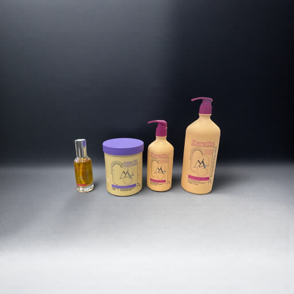 Four-piece hair care set: Moroccan argan oil keratin care liquid and conditioner, displayed on a wooden table