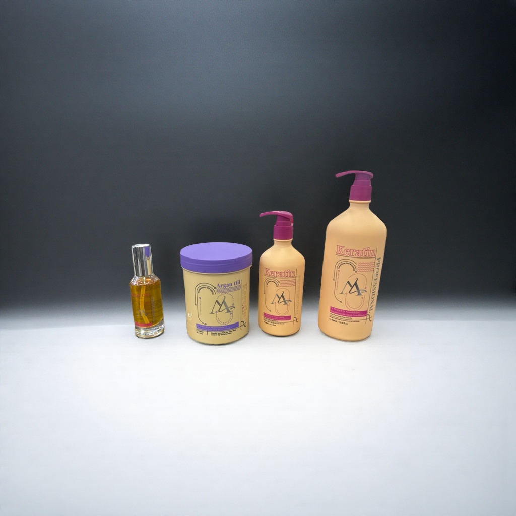 Four-piece hair care set: Moroccan argan oil keratin care liquid and conditioner, displayed on a wooden table details Picture