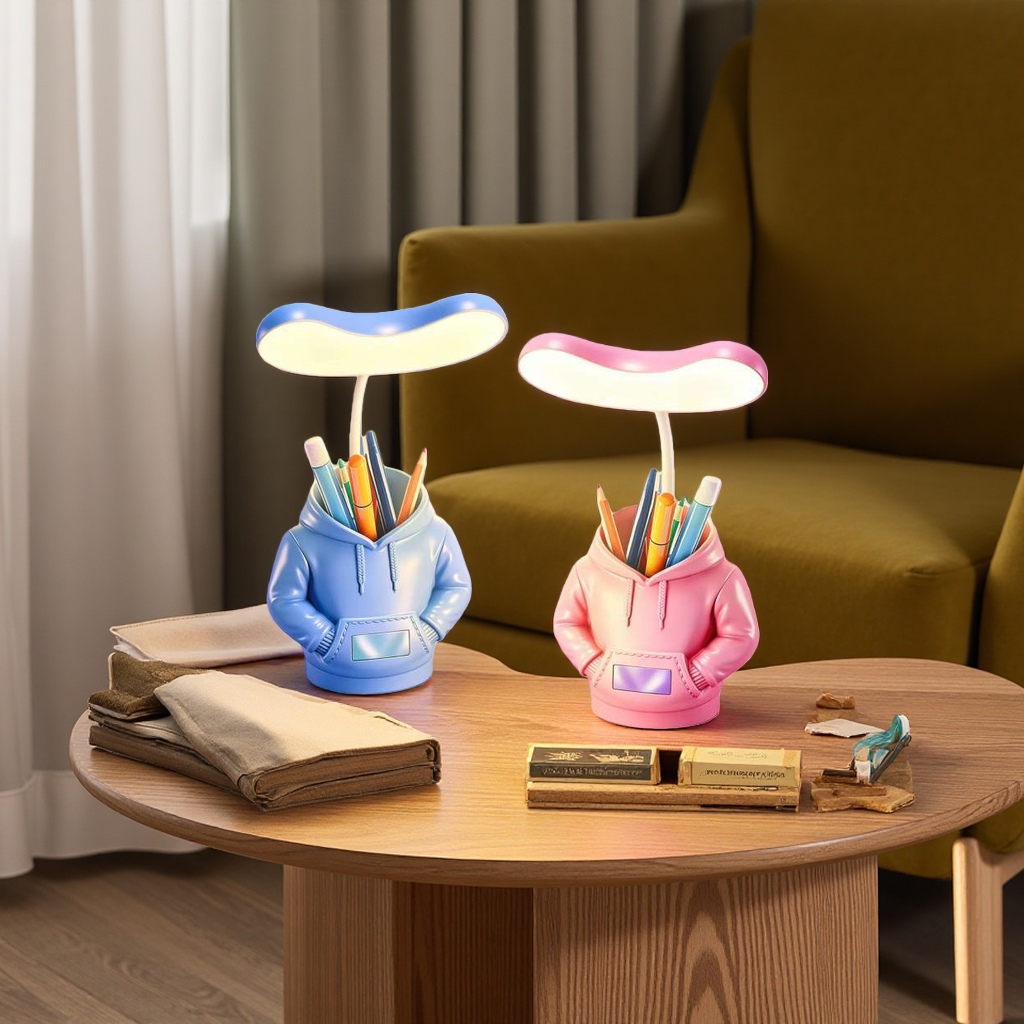 Creative hoodie shaped pen holder, small desk lamp, multi-functional desktop storage and lighting