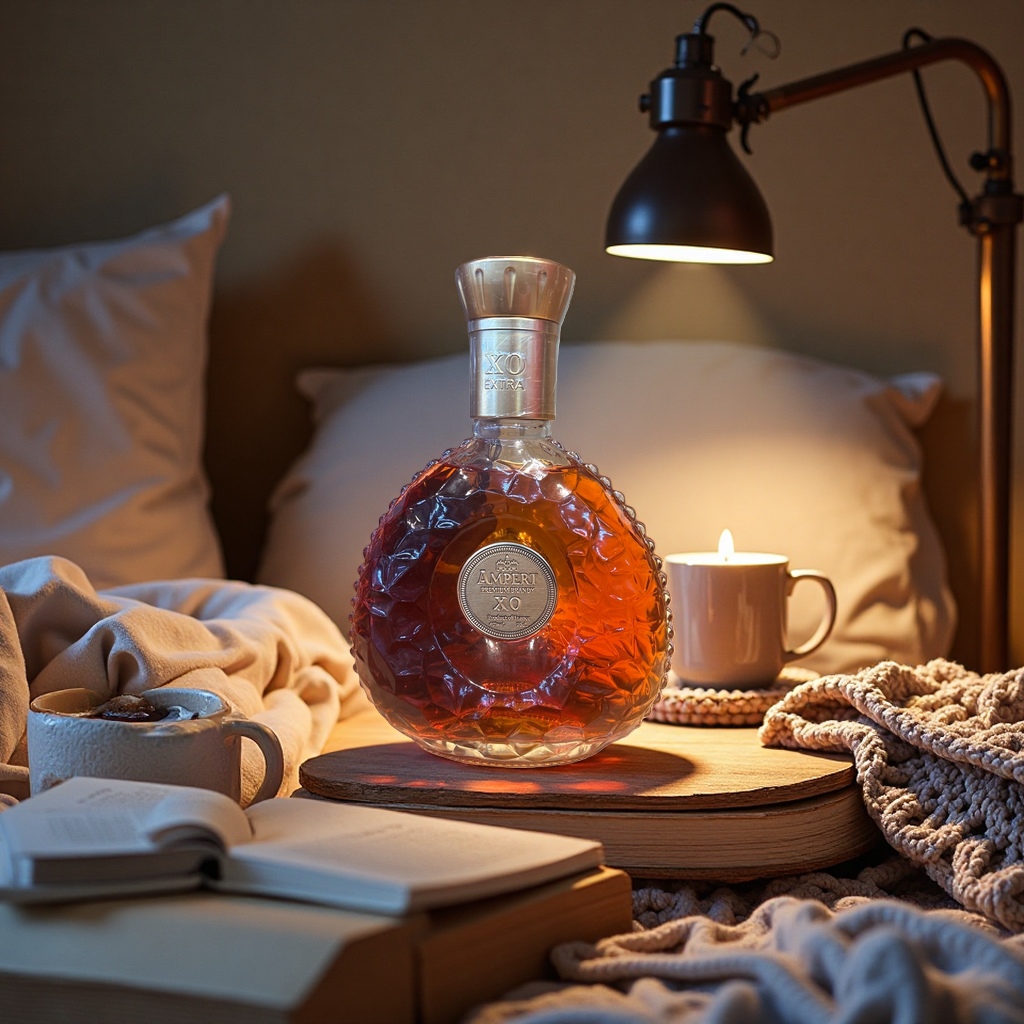 Amber-colored liquor +AMPERT XO premium brandy bottle
