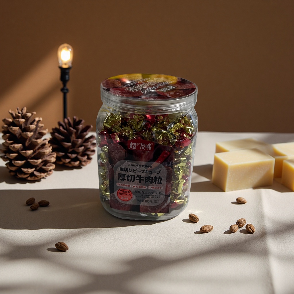 Thick-cut beef cubes snacks in transparent glass cans Specification image