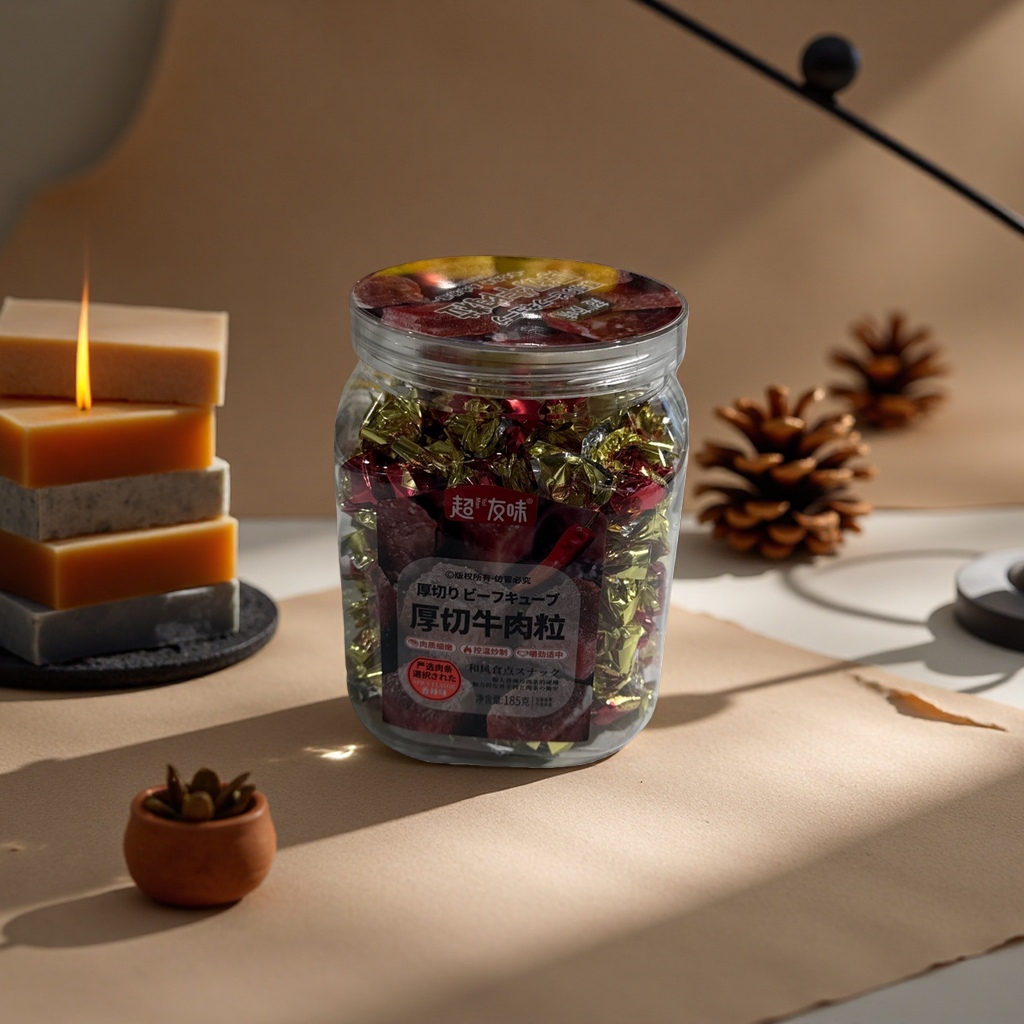 Thick-cut beef cubes snacks in transparent glass cans Application Scenario