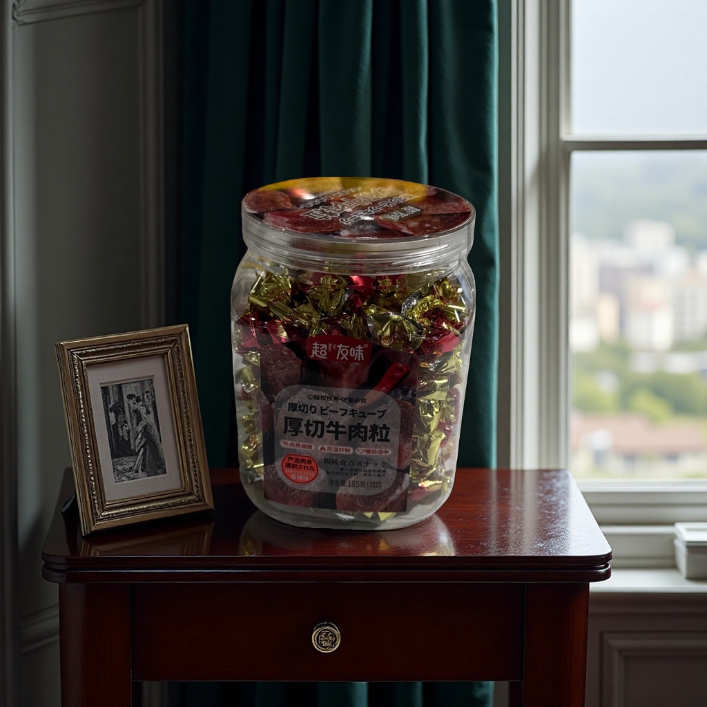 Thick-cut beef cubes snacks in transparent glass cans details Picture